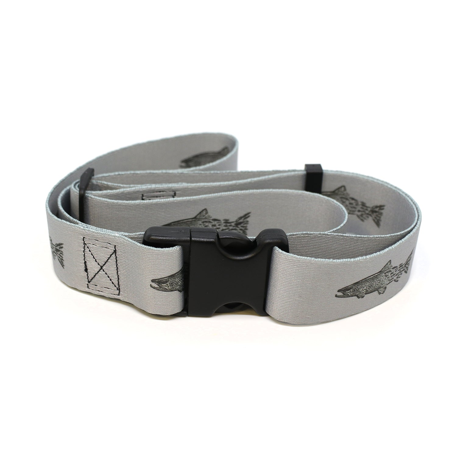 grey wading belt that has repeated pattern of a brown trout that transitions into flies towards the tail