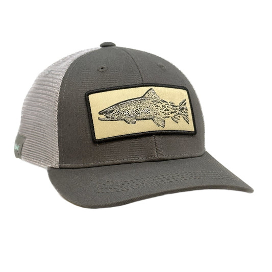 A gray front, light gray mesh back hat with a patch of a pen and ink brown trout head changing into flies going towards the tail of the fish