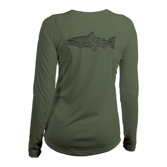 backside of green long sleeve sun shirt with a brown trout transitioning into fishing flies towards the tail