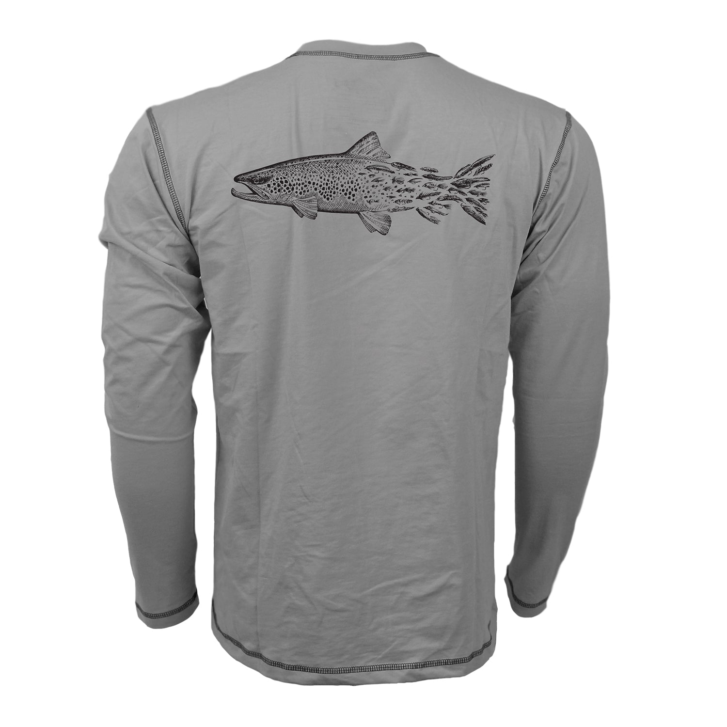 backside of gray long sleeve sunshirt with a brown trout transitioning into fishing flies towards the tail in black
