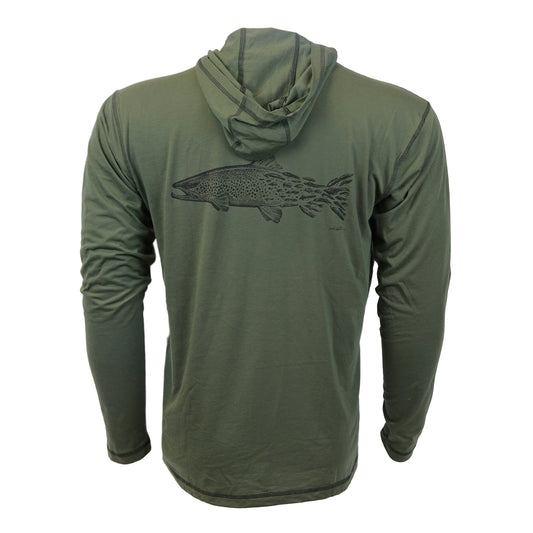 A green longsleeved shirt with a hood has a drawing of a brown trout head and a tail shape made out of streamers