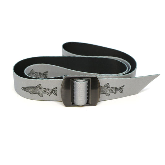 grey belt that has reapeated pattern of a brown trout that transitions into flies towards the tail