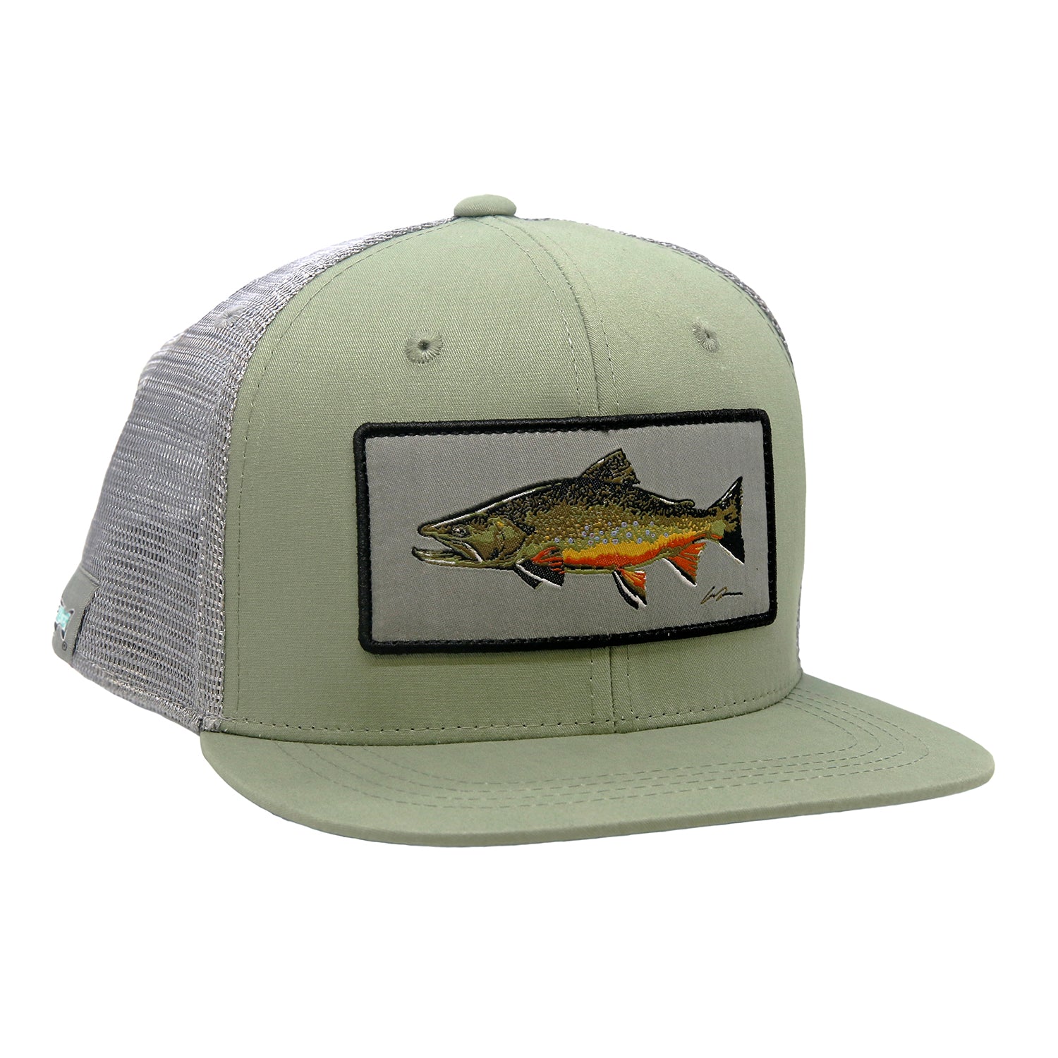 A hat with gray mesh in back and light green fabric in front has a rectangular patch with a large brook trout on it