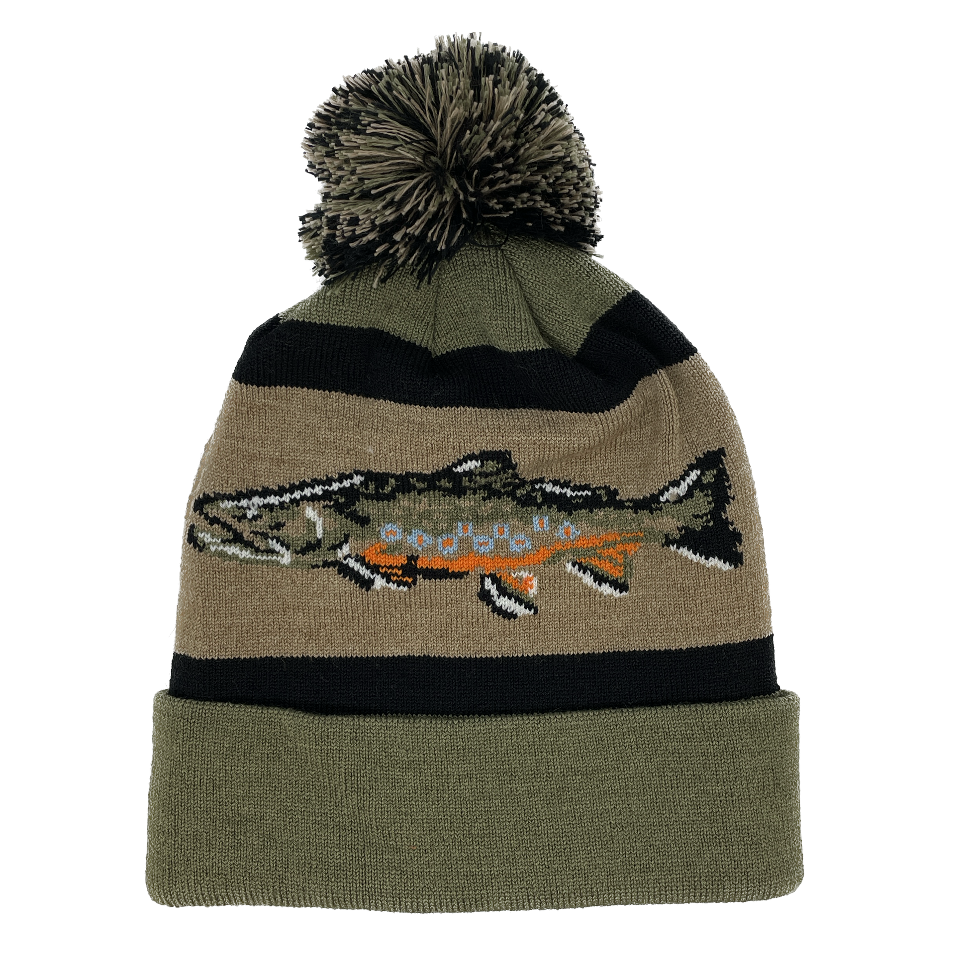 A winter hat with a green cuff shows a brook trout on the main area with a black stripe and multi colored poof on top