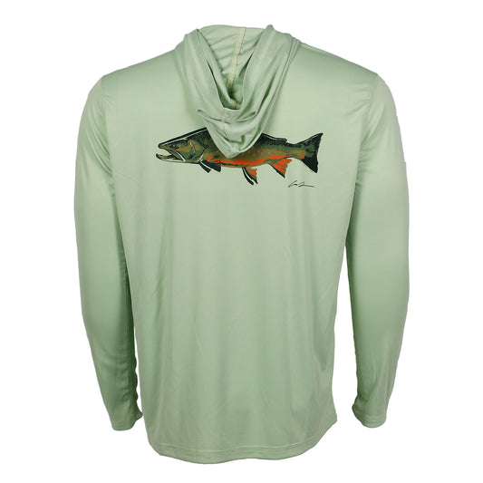 A long sleeved sun shirt, light green with a brook trout on the back