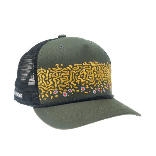 A hat with black mesh in back and green fabric in front has embroidery immitating brook trout skin. A black rope is above the brim