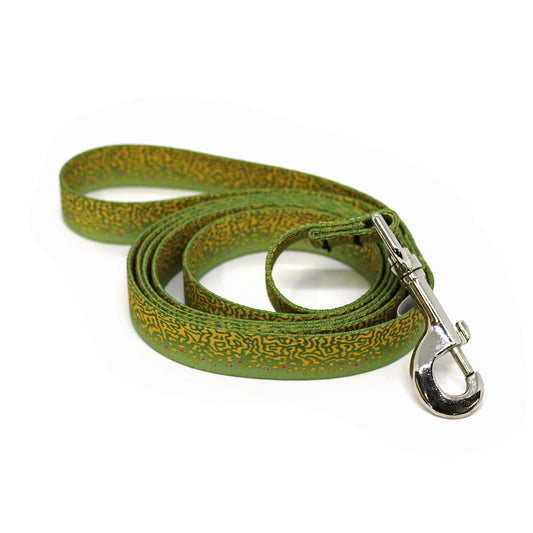 A dog leash with the print of brook trout skin on it
