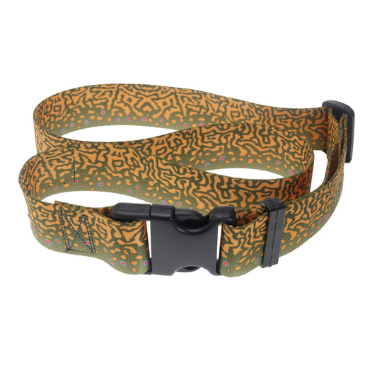 A nylon belt with a brook trout skin pattern printed on it has a black plastic buckle