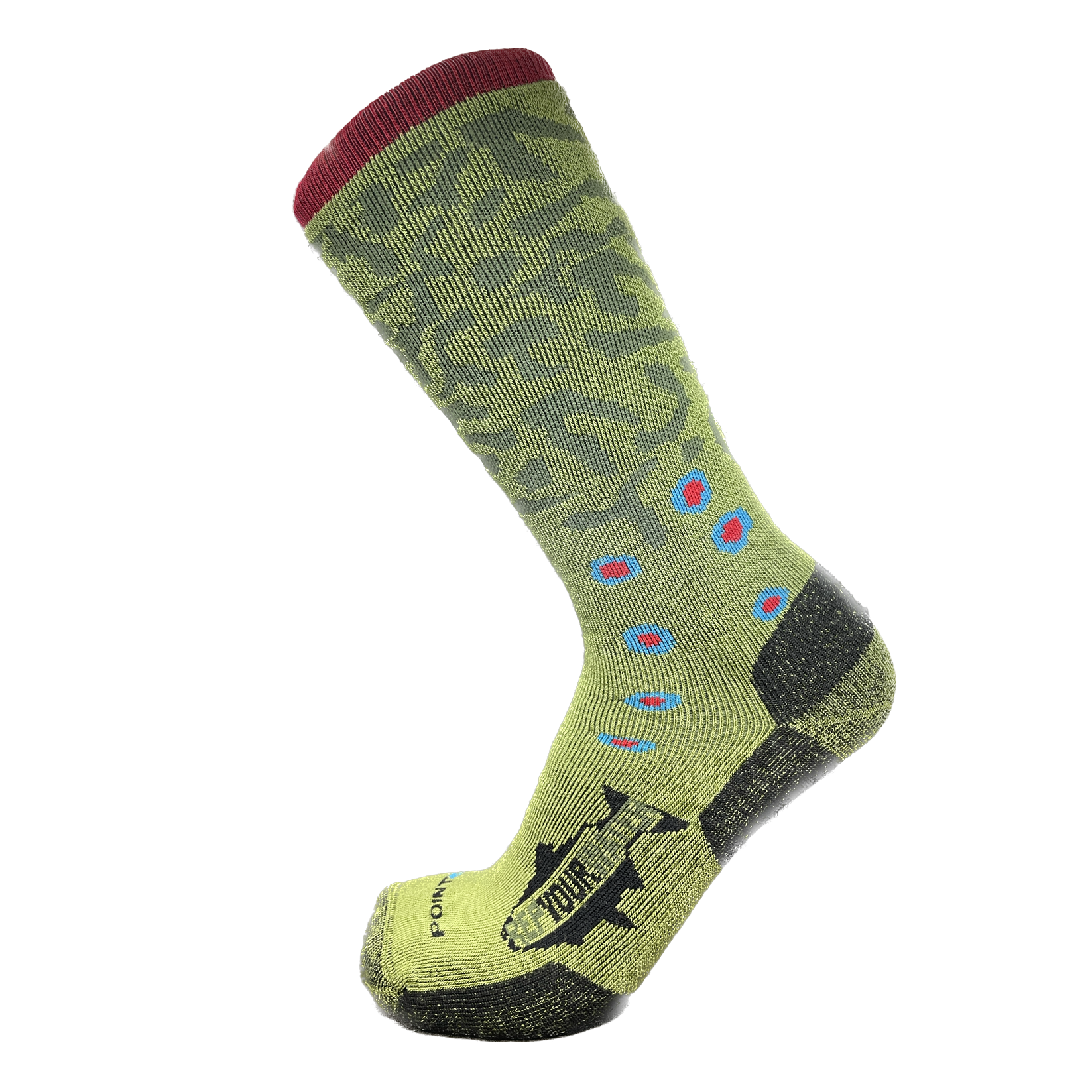 A sock with the pattern of a brook trout also has a logo on the foot that reads repyourwater in a trout silhouette