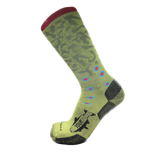 A sock with the pattern of a brook trout also has a logo on the foot that reads repyourwater in a trout silhouette