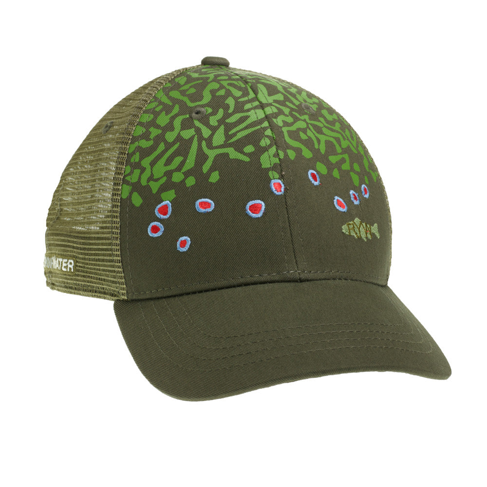 A hat with green mesh in back and green fabric in front has a printed and embroidered pattern immitating a brook trout with a fish with the letters RYW inside