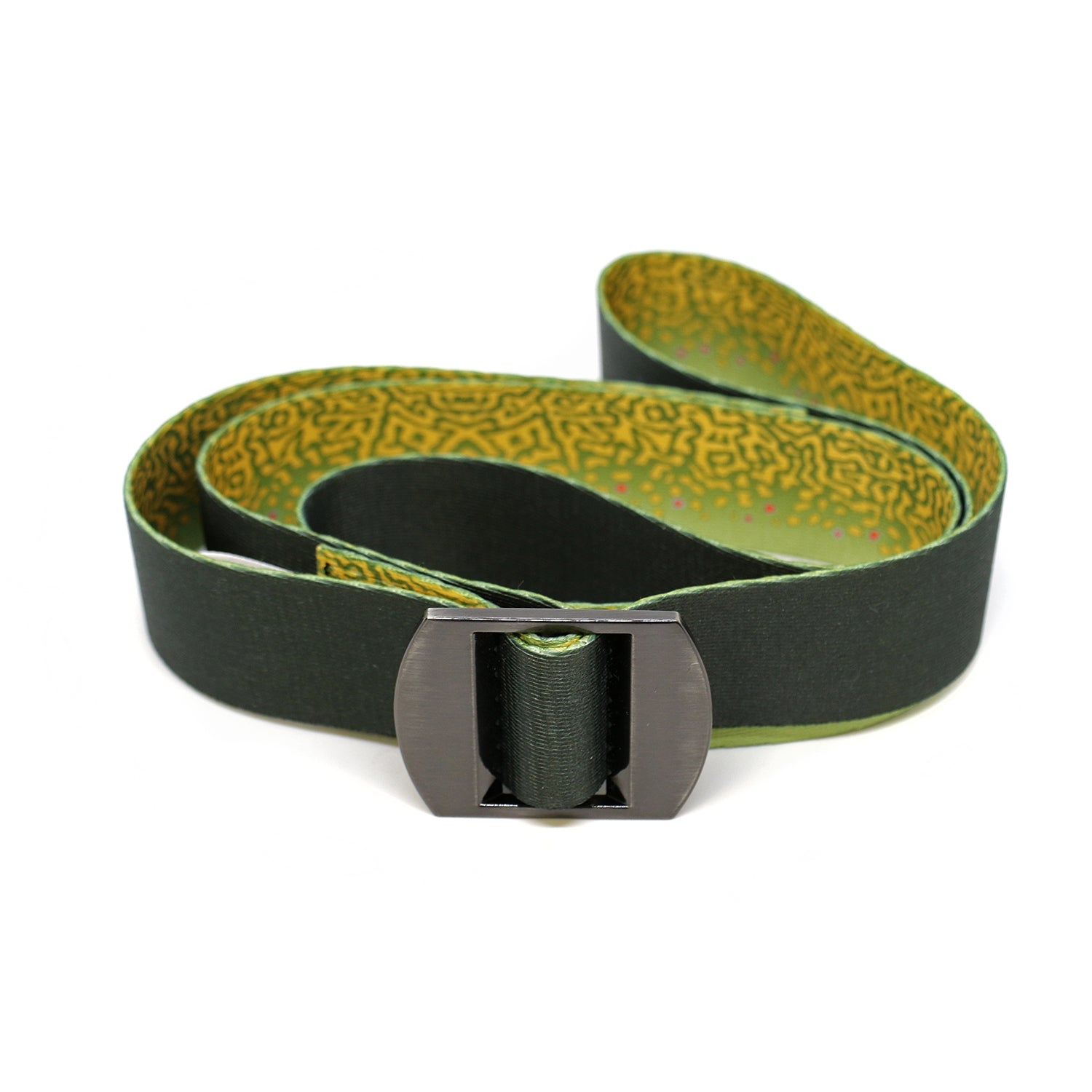 A nylon belt with a metal front buckle has brook trout print, reversed to show black backside