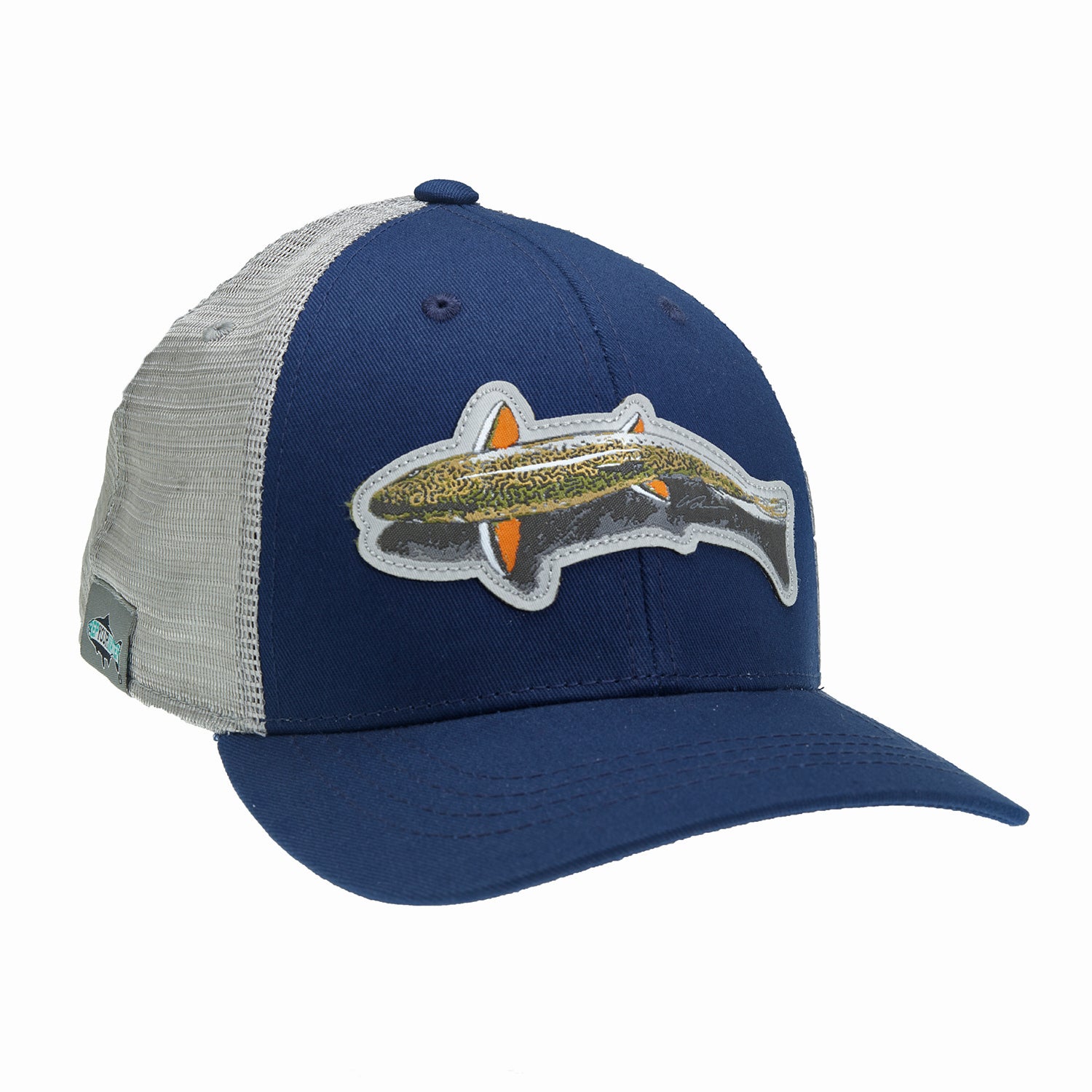 A hat with gray mesh in back and blue fabric in front features A drawing of a brook trout and its shadow from above