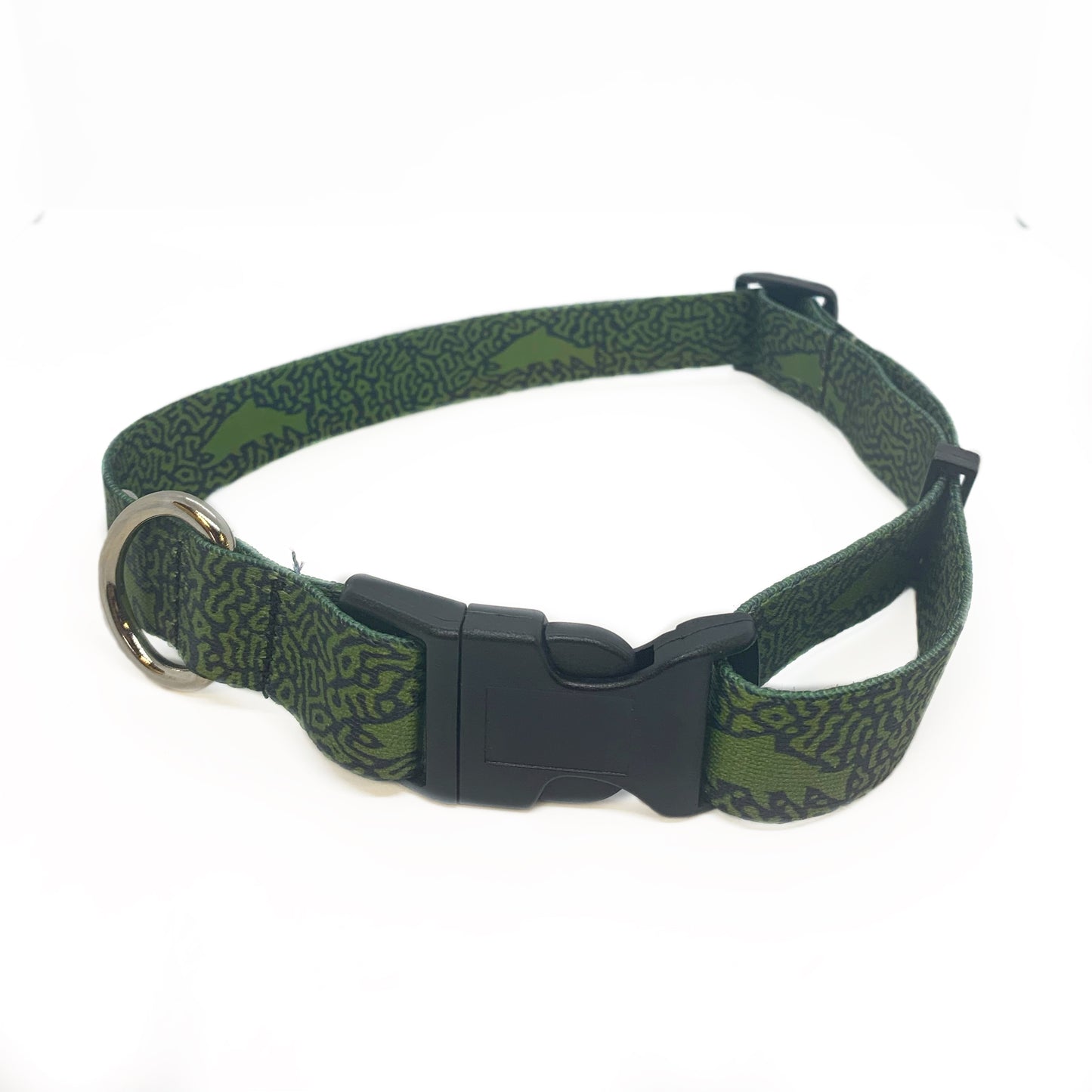 A navy nylon dog collar is shown. A green fish pattern is printed on it.
