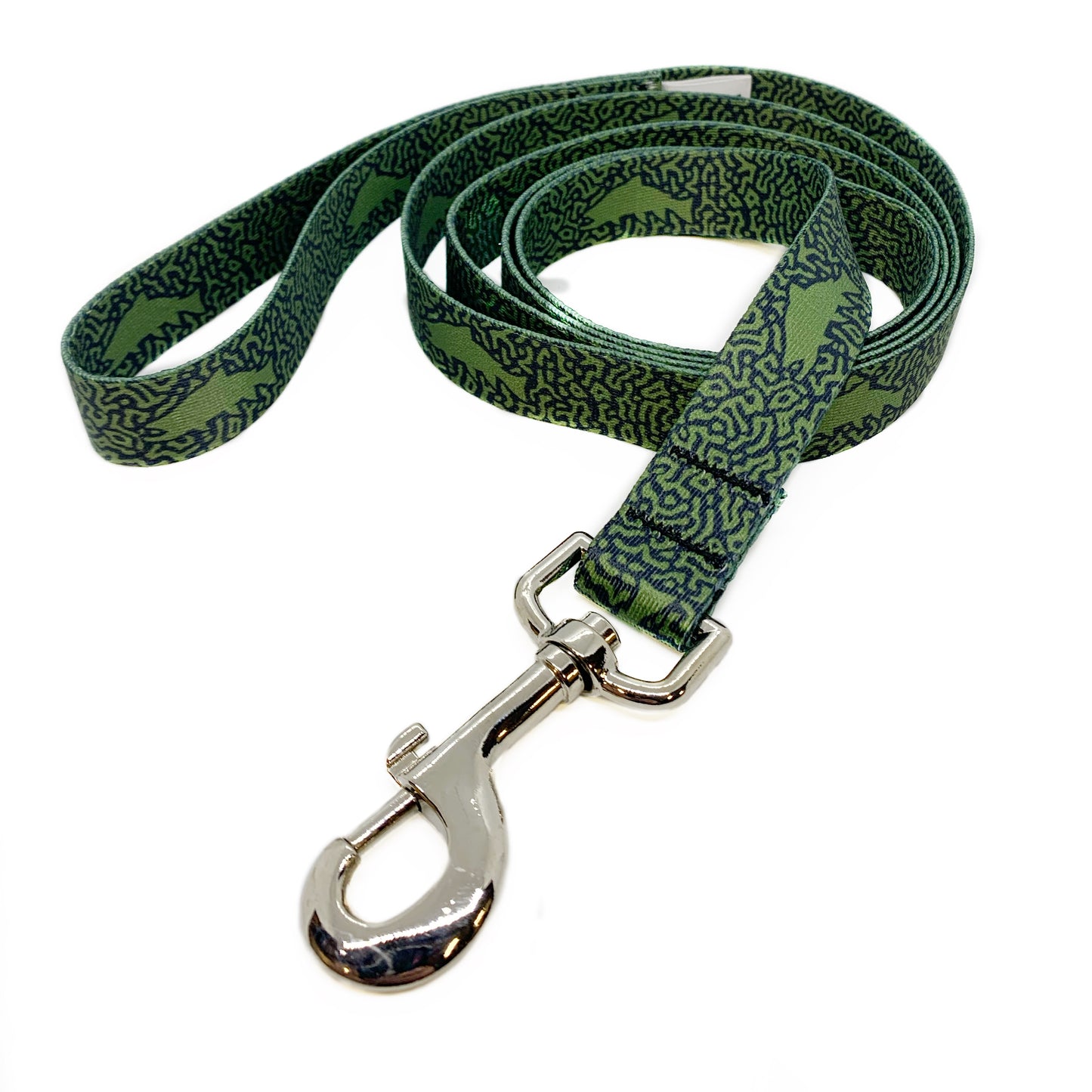 A navy nylon dog leash is shown. A green fish pattern is printed on it.