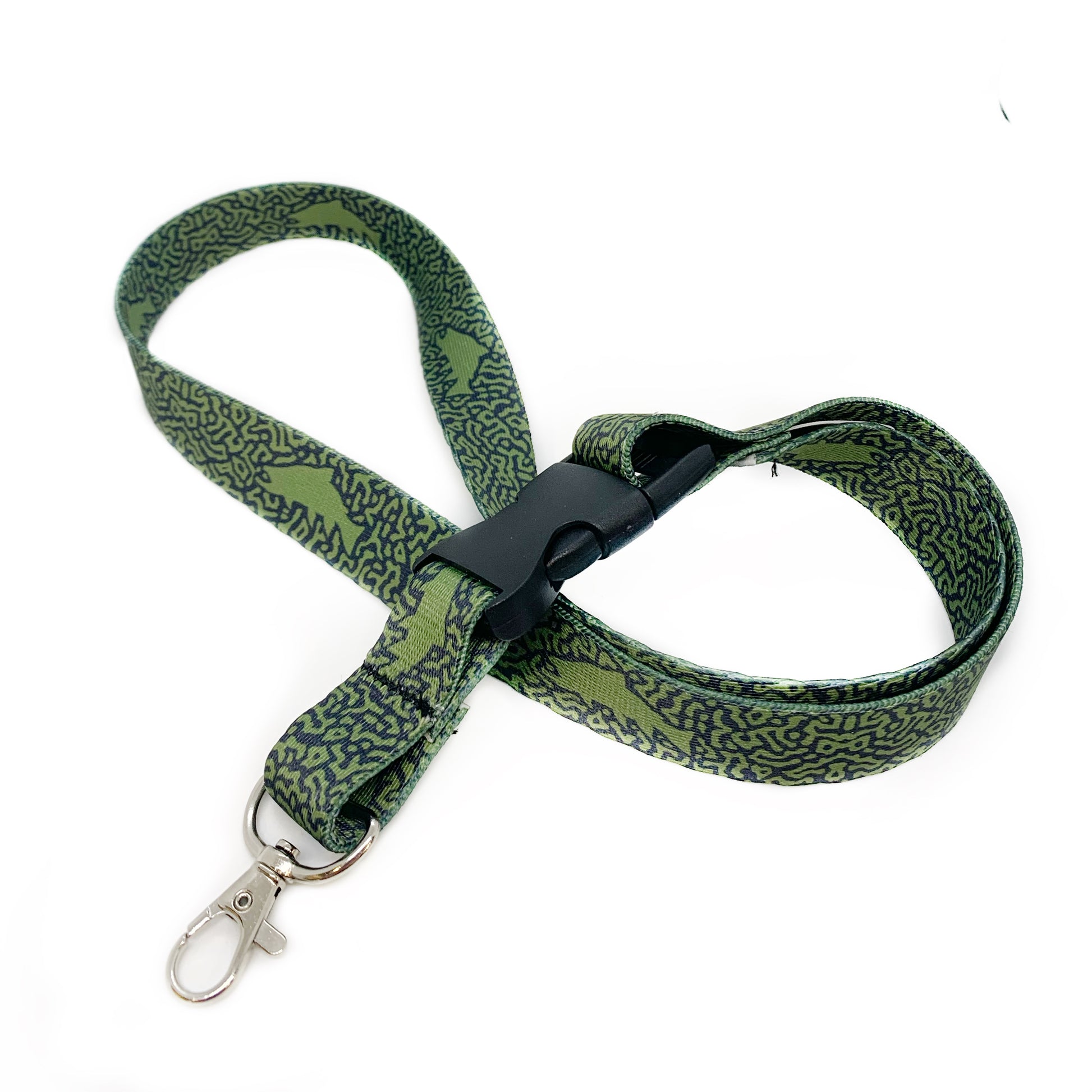 Navy nylon webbing neck lanyard with green fish pattern and with plastic buckle and metal clip