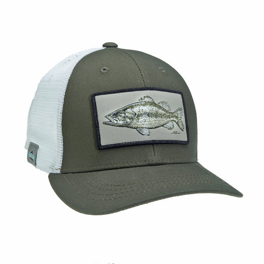 A hat with white mesh in back and green fabric in front has a rectangular patch with a drawing of a bass on it