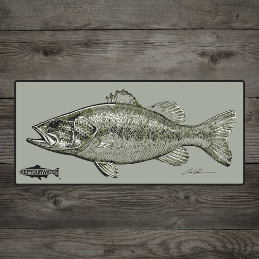A wood background has a mockup of a rectangular sticker with a bass drawing on it and a logo that says repyourwater inside a trout silhouette