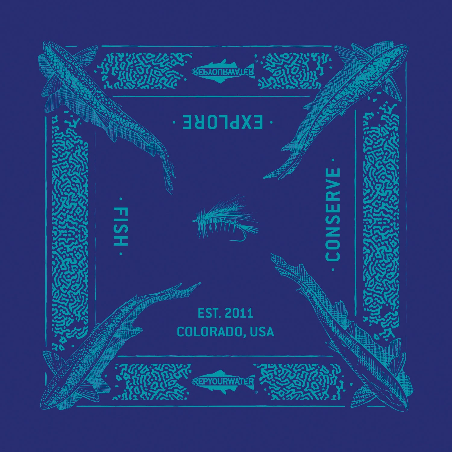A bandana mockup shows a repeating pattern of trout from above in each color and a border imitating trout print.  There are two logos that read repyourwater inside a trout silhouette.  The words Fish explore conserve and est 2011 colorado USA are written. A  dry fly is in the middle.  The bandana is blue