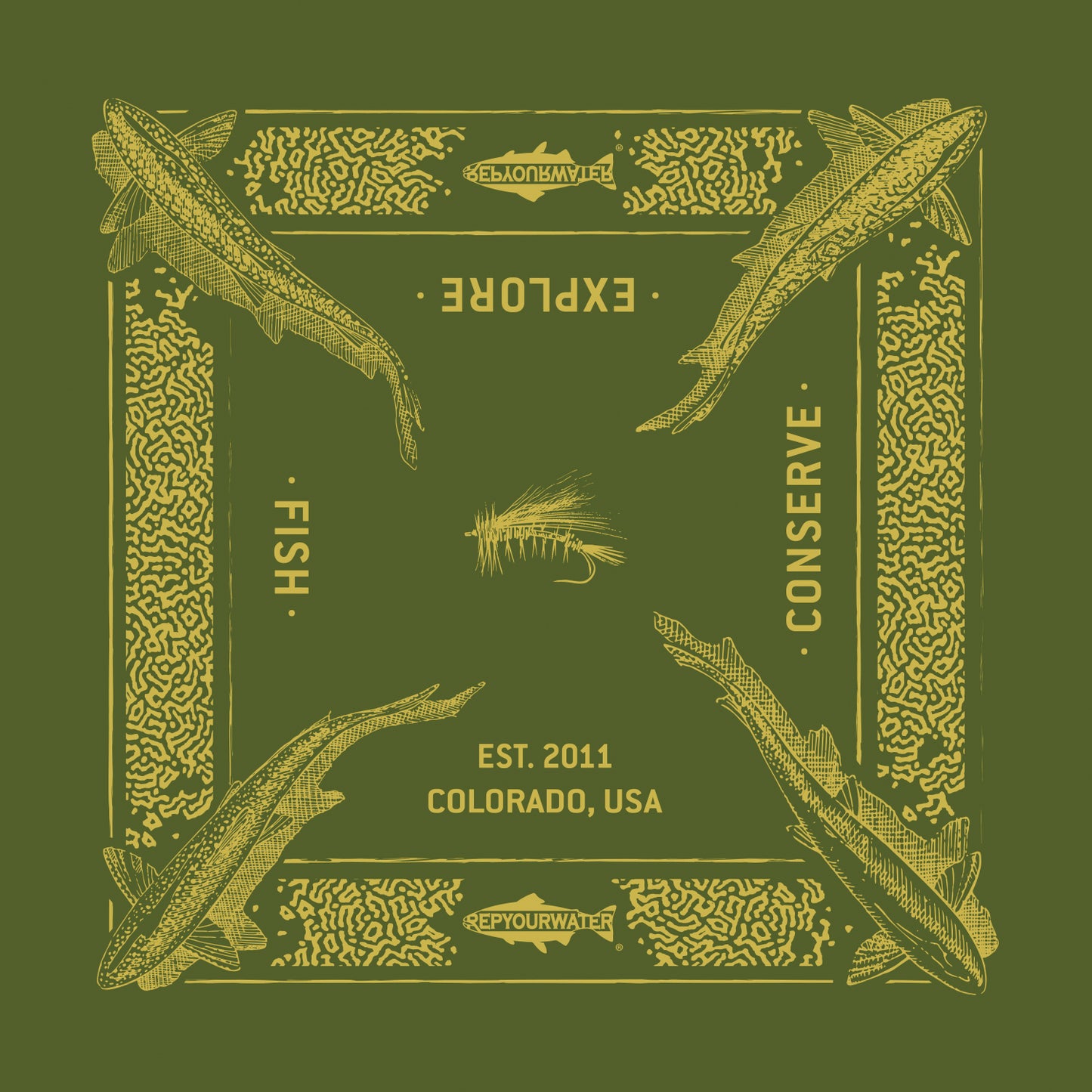 A bandana mockup shows a repeating pattern of trout from above in each color and a border imitating trout print.  There are two logos that read repyourwater inside a trout silhouette.  The words Fish explore conserve and est 2011 colorado USA are written. A  dry fly is in the middle.  The bandana is green