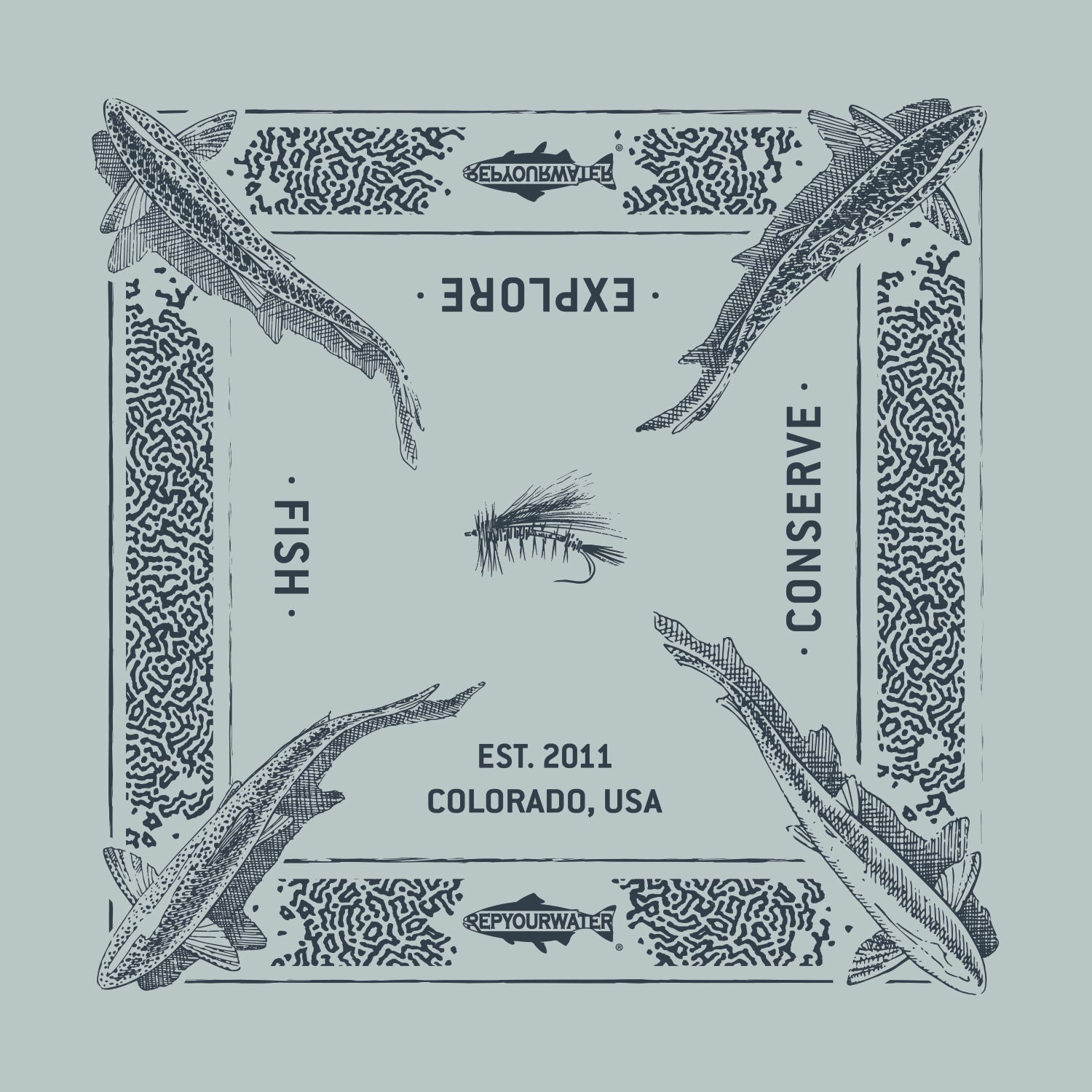 A bandana mockup shows a repeating pattern of trout from above in each color and a border imitating trout print.  There are two logos that read repyourwater inside a trout silhouette.  The words Fish explore conserve and est 2011 colorado USA are written. A  dry fly is in the middle.  The bandana is gray