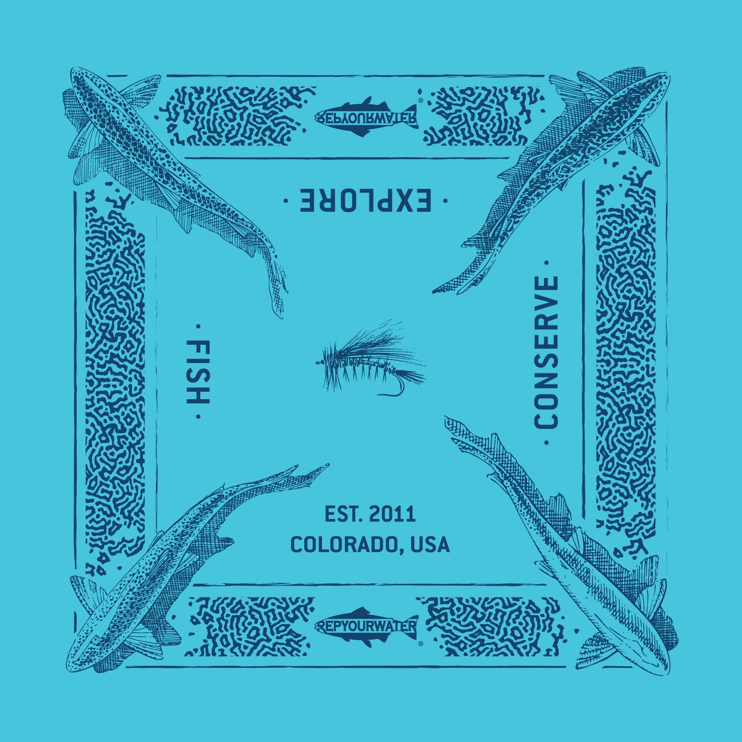 A bandana mockup shows a repeating pattern of trout from above in each color and a border imitating trout print.  There are two logos that read repyourwater inside a trout silhouette.  The words Fish explore conserve and est 2011 colorado USA are written. A  dry fly is in the middle.  The bandana is turquoise.
