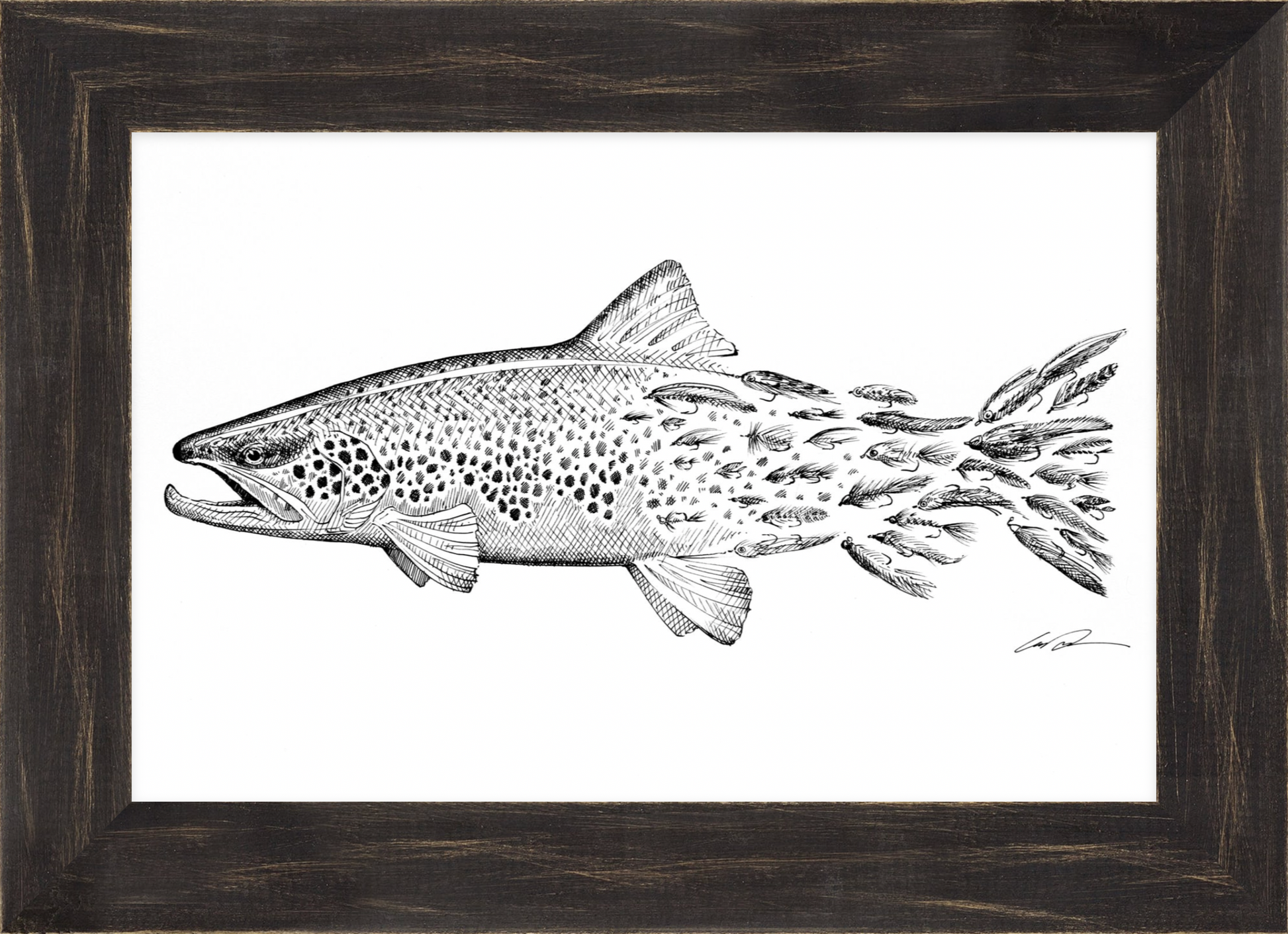 A pen and ink drawing of a brown trout where the trout's spots fade into flies to form the tail of the fish, framed in black rustic frame