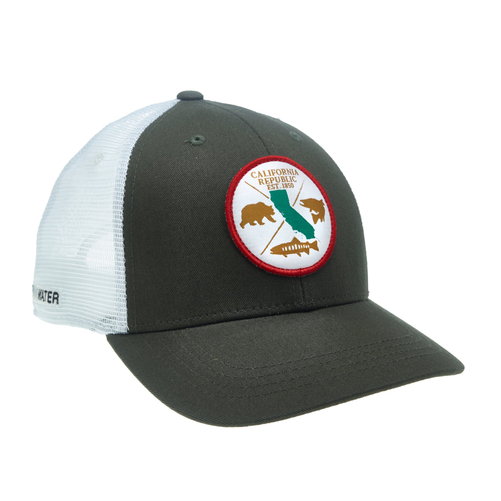A hat with white mesh in back and green fabric in front  has a patch on the front inside a circle that shows a bear, two different trout the state of california and the words california republic est 1850