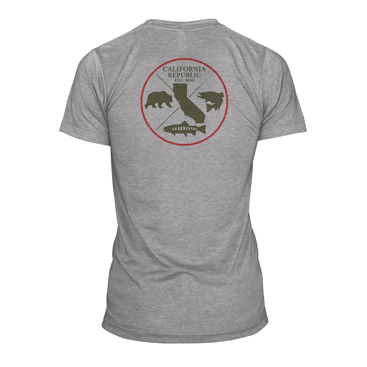 A short sleeve gray shirt has a print on the back inside a circle that shows a bear, two different trout the state of california and the words california republic est 1850