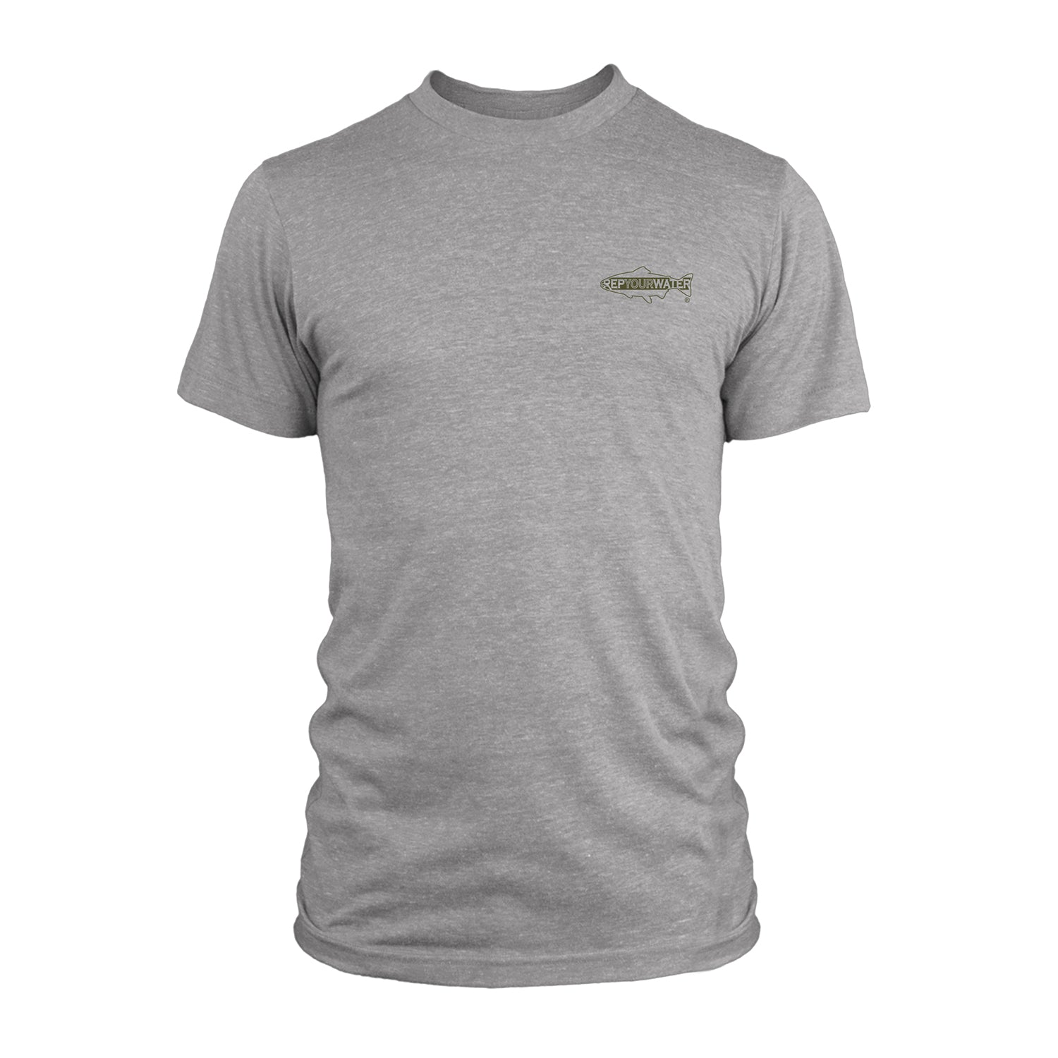 A gray short sleeved tee shirt has a logo on the chest that says repyourwater inside a trout silhouette
