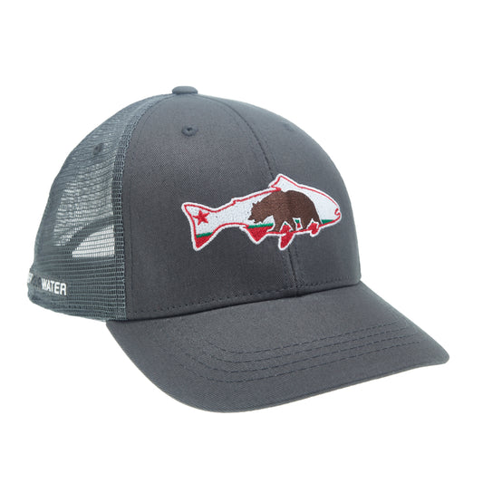 A hat with gray mesh in the back and gray fabric in front has a trout embroidered on it with a bear and a star inside
