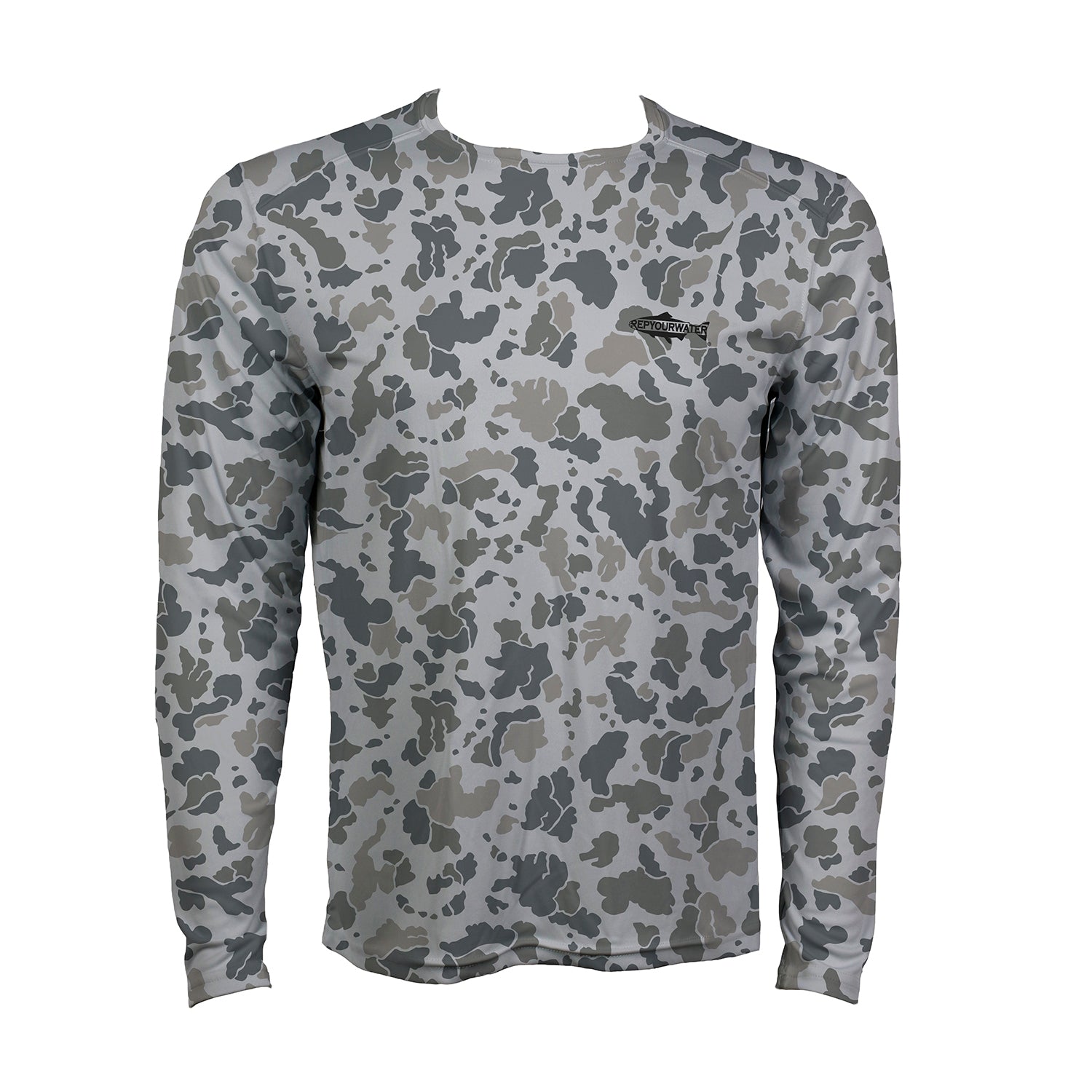 Front of gray toned camo printed long sleeve sun shirt with black fish silhouette that reads rep your water