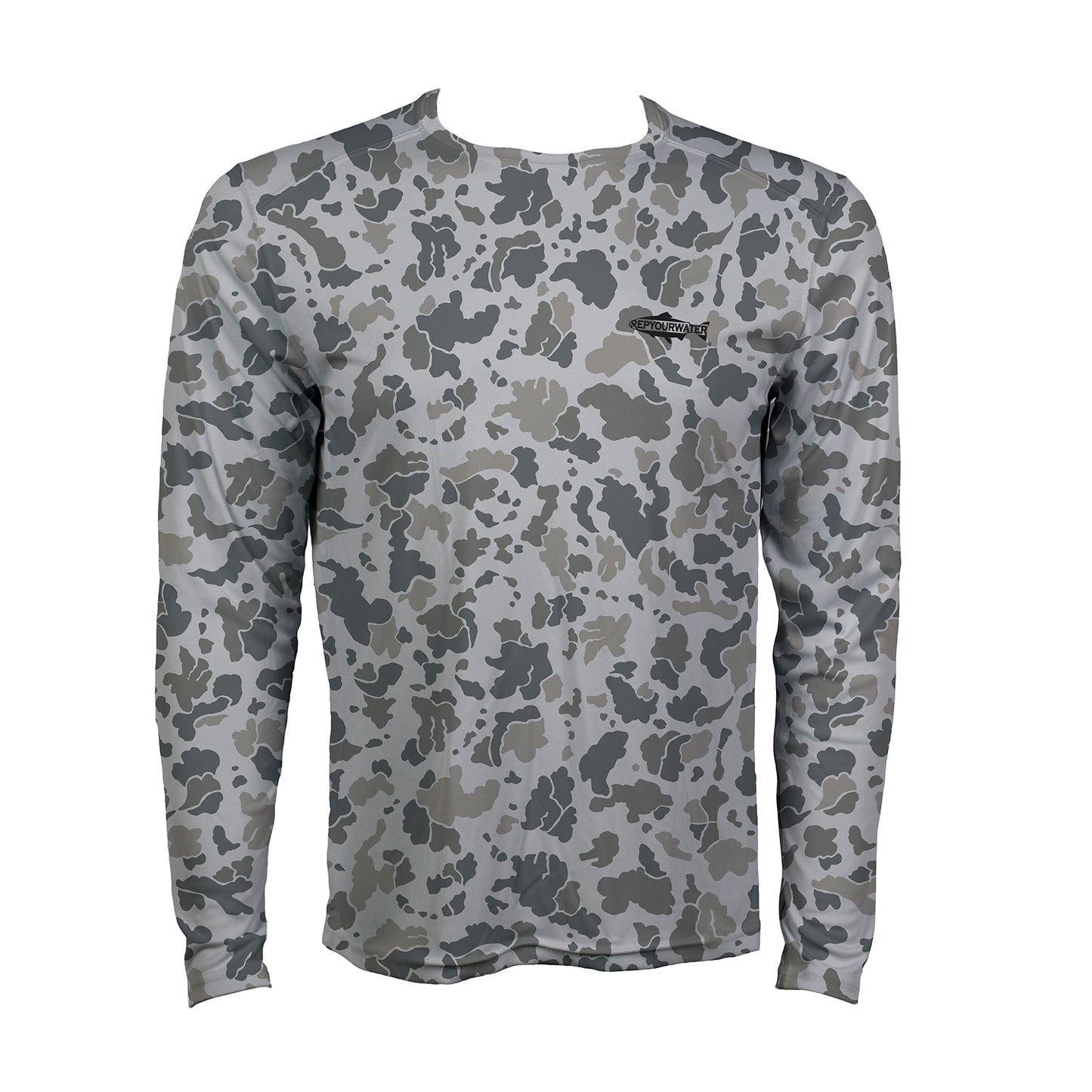 Front of gray toned camo printed long sleeve sun shirt with black fish silhouette that reads rep your water