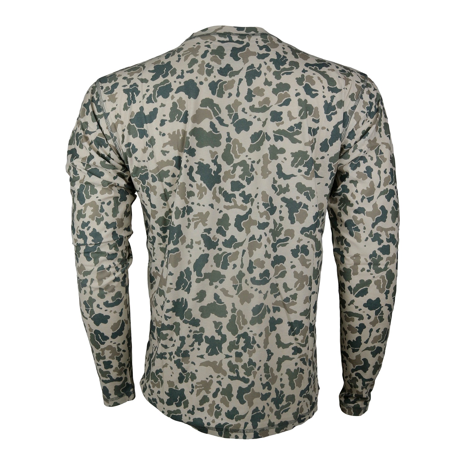 A camo printed long sleeved sun shirt from the back.