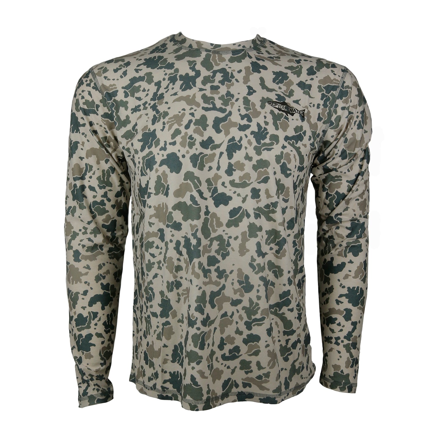 A camo printed long sleeved sun shirt from the front.