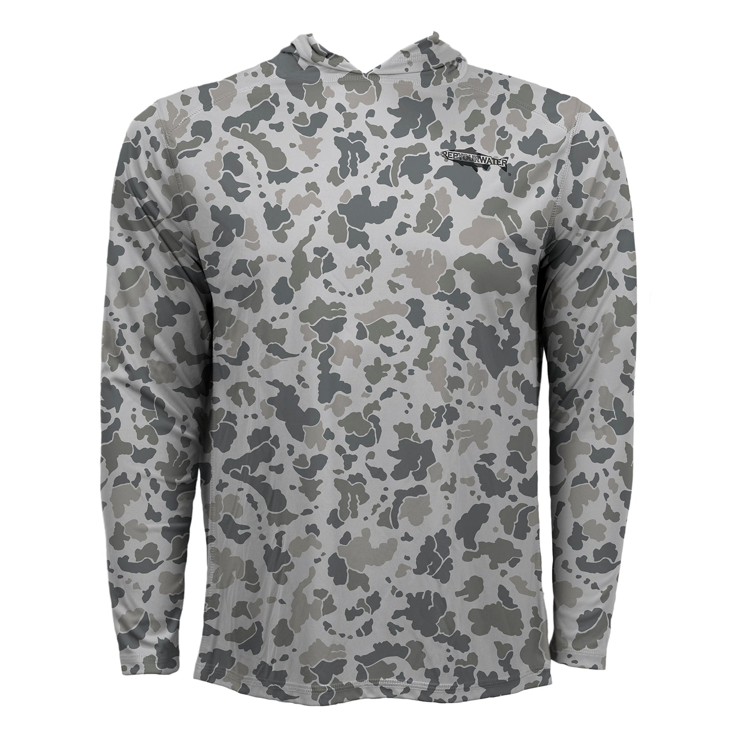  gray toned Camo printed long sleeve sun hoody with a black fish silhouette that reads Rep your water