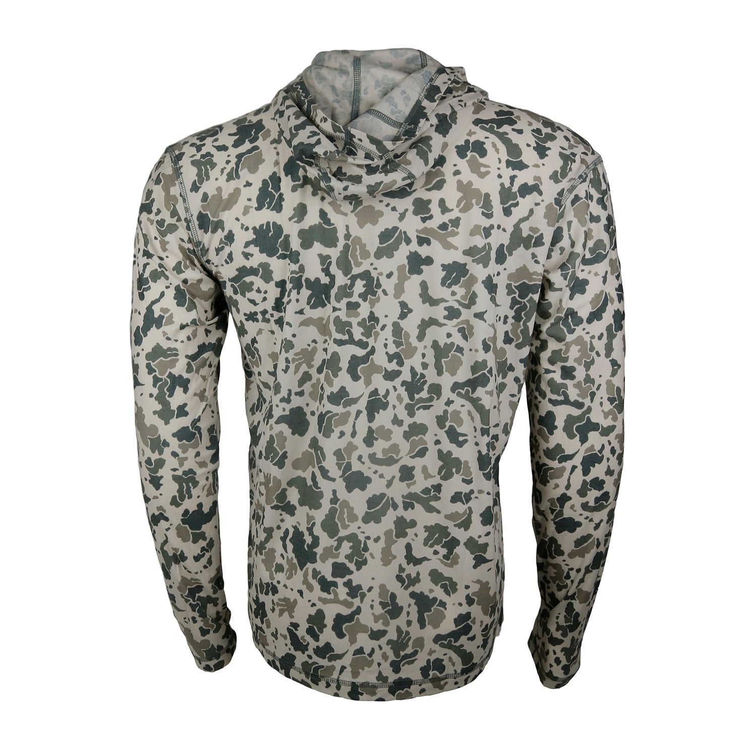 A camo printed sun hoody from the back with the hood down.