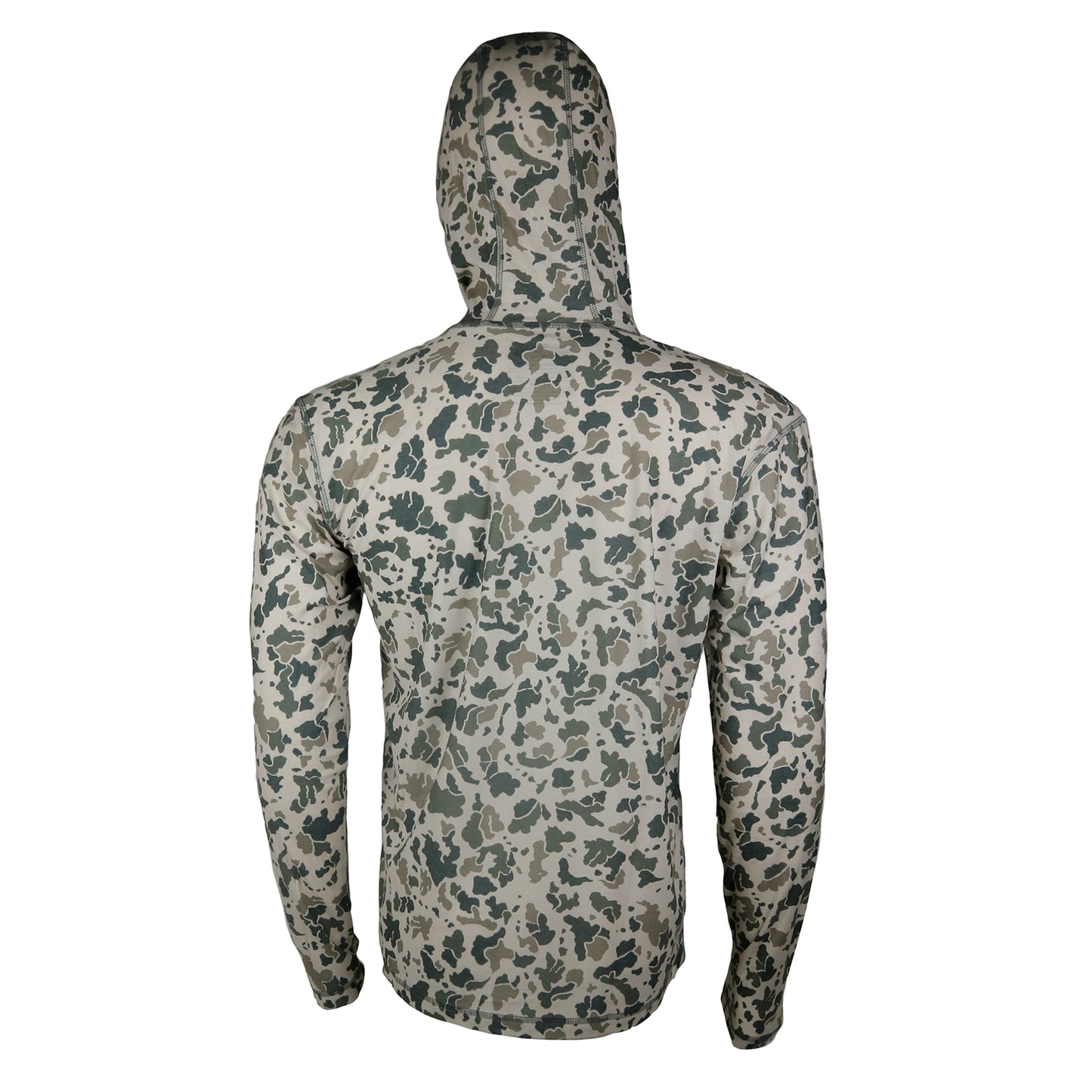 A camo printed sun hoody from the back with the hood up.