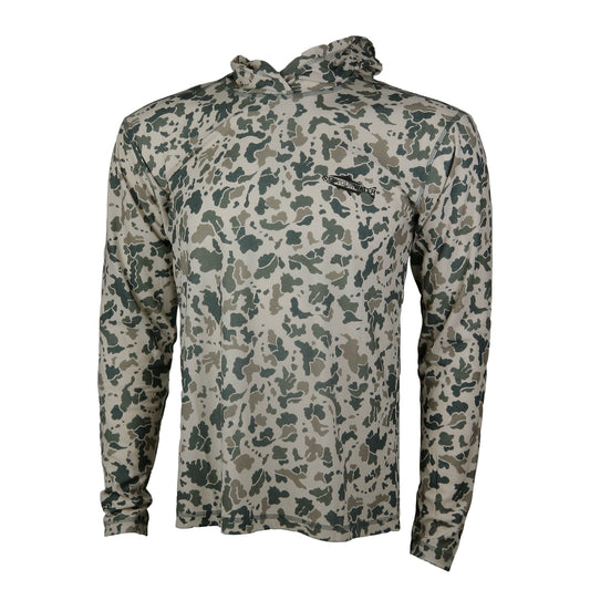 A camo printed sun hoody from the front.