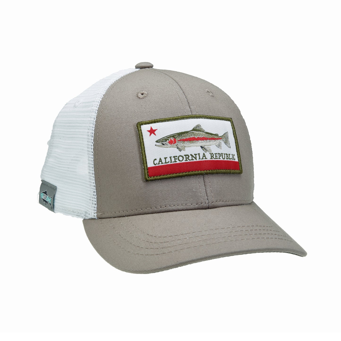 A hat with white mesh on the back and light gray on the front with a rectangular patch on front that has a rainbow trout over the words california republic and a red star above its head