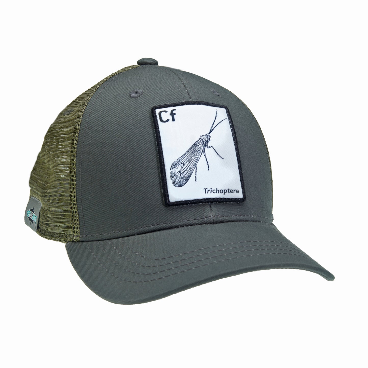 A hat with green mesh in back and green fabric in front has a rectangular patch that has a drawing of a caddis fly on it with the letters CF above it and the word trichoptera below it