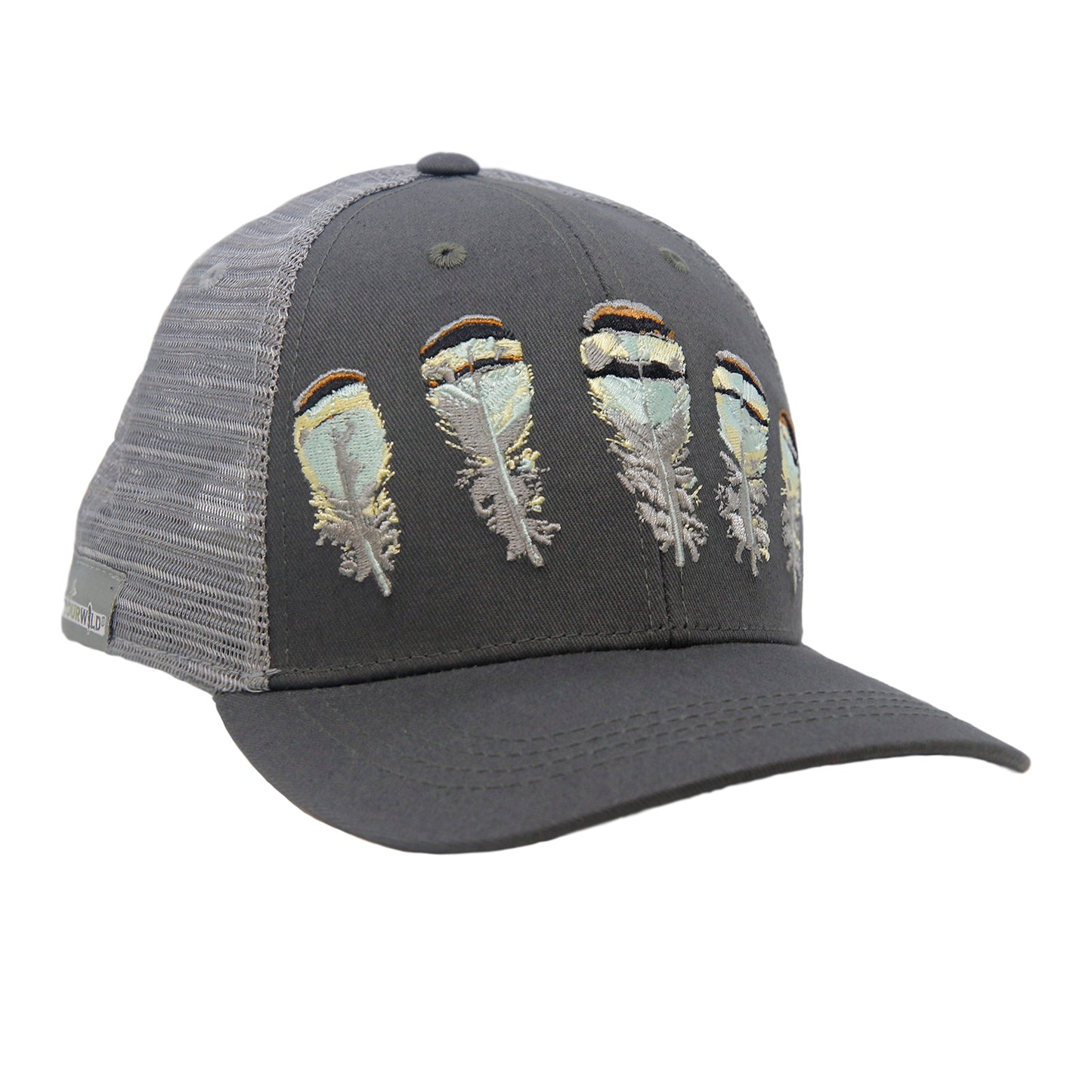 A hat with gray mesh in back and gray fabric in front has 5 feathers embroidered on the front