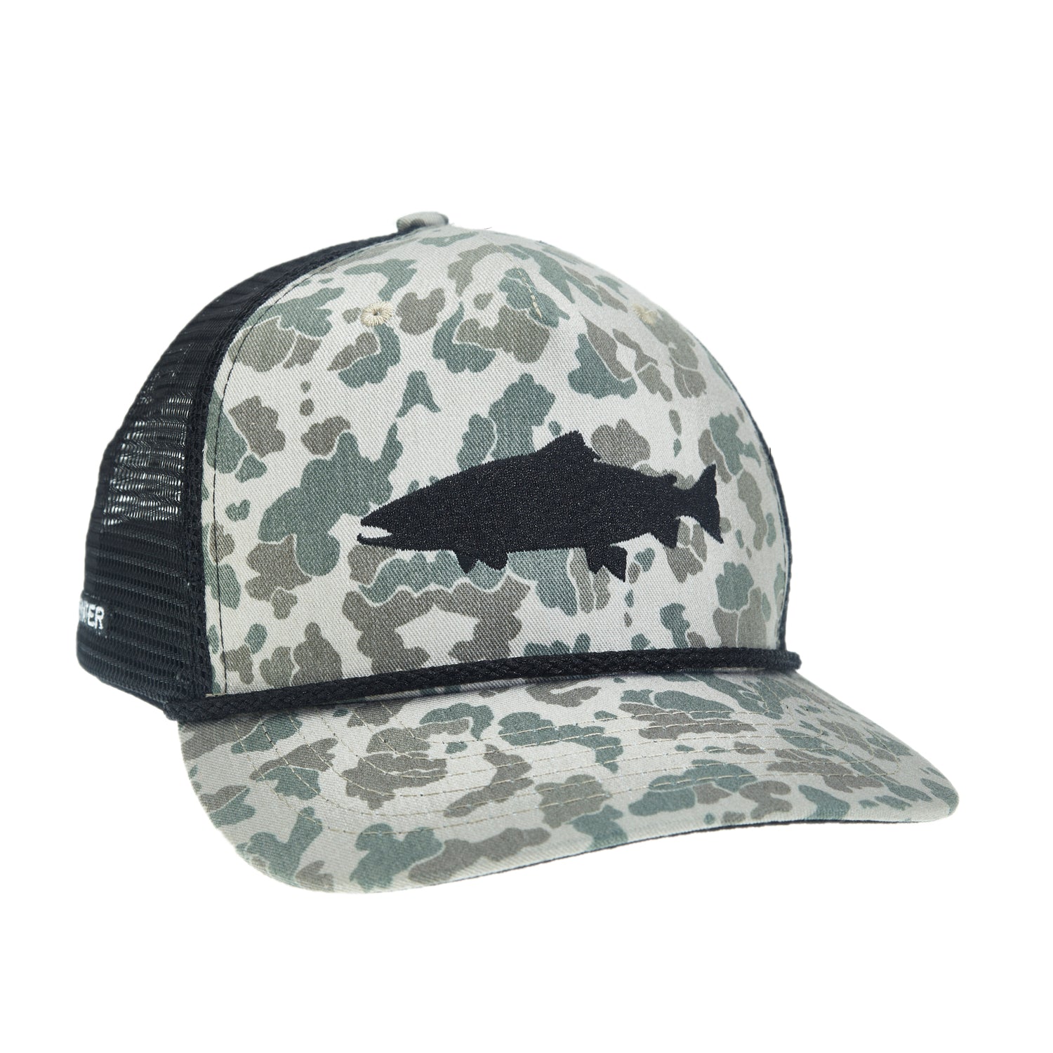 A hat with black mesh in the back and green and brown camo pattern and an black embroidered trout on the front. A black rope is over the bill