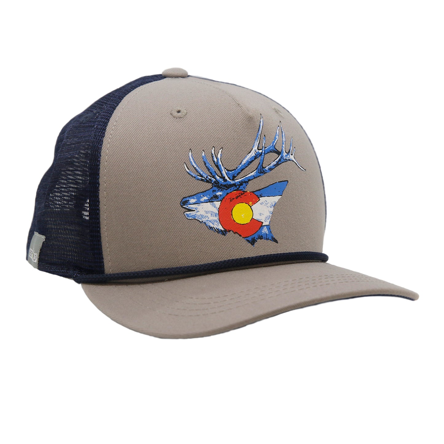 A hat with navy mesh and light gray fabric in front has an elk head in the colors and design of the colorado flag