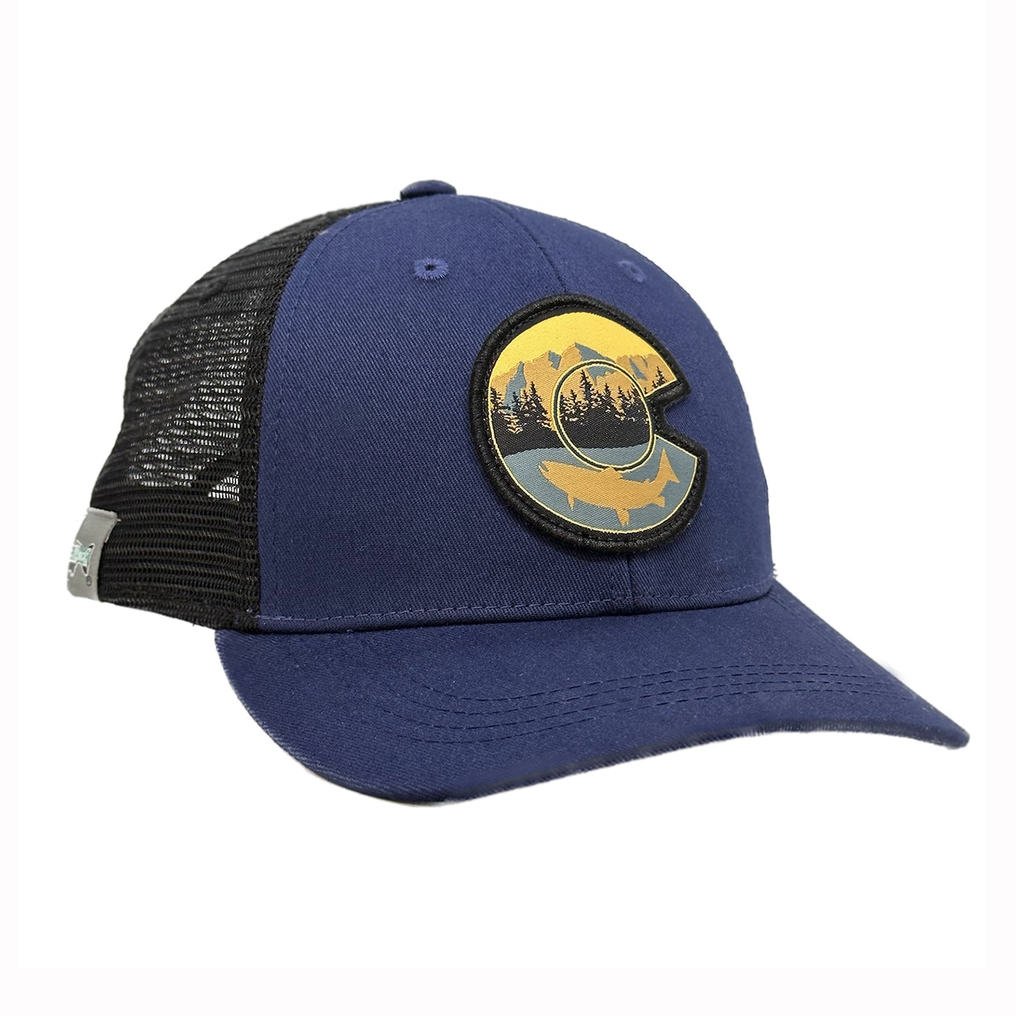 Navy hat with black mesh back with a Colorado C logo patch with a fish, tree line in mountains within