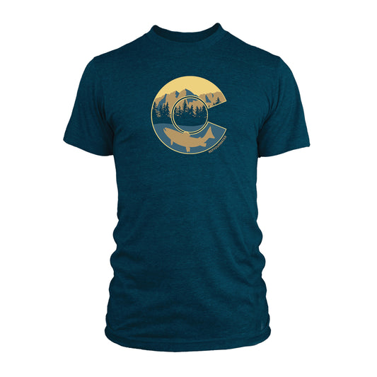 dark turquoise short sleeve shirt with a mountain range pine trees and trout silhouette in side a CO.. with text along the bottom of the design that reads rep your water