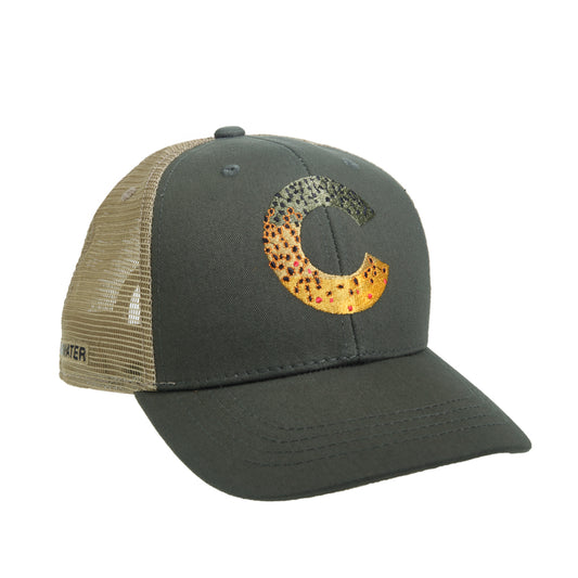 A hat with tan mesh back and green fabric in front has the letter C on front embroidered in the pattern of brown trout skin