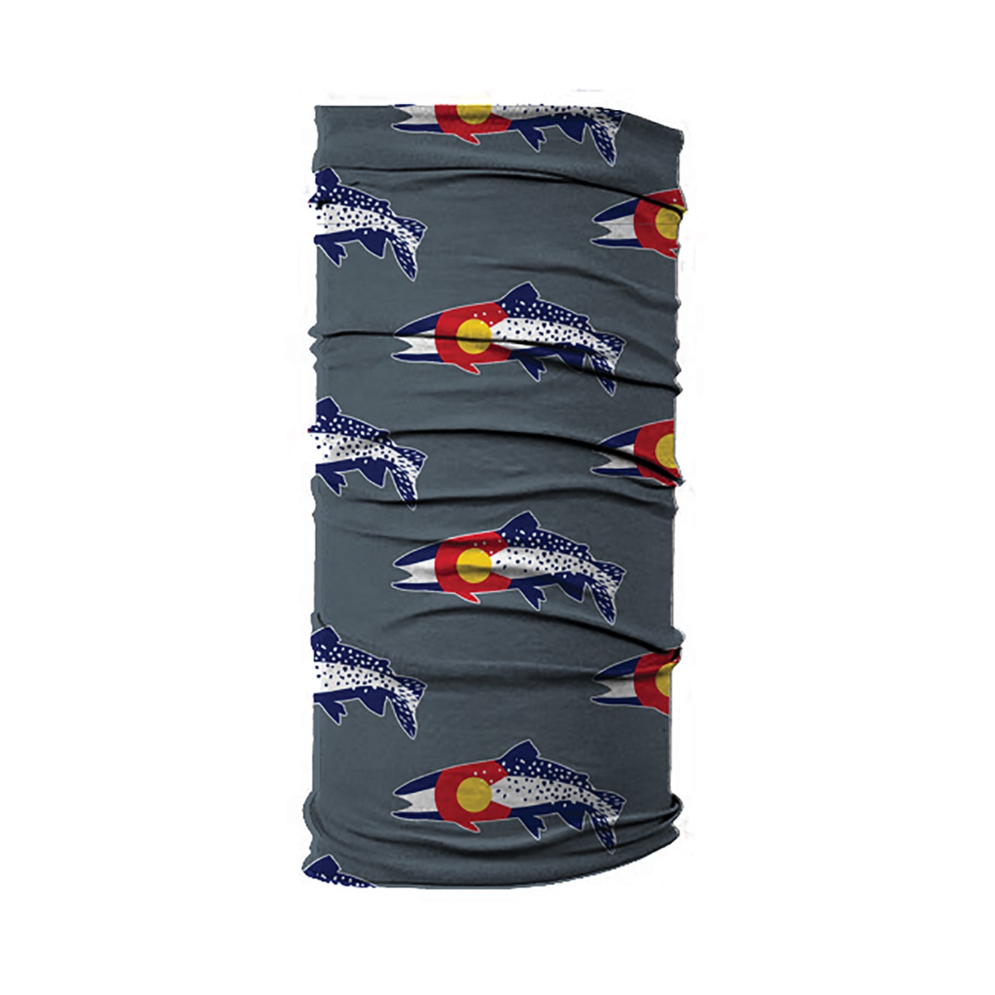 A gray neck tube has a pattern of trout in the colors of the colorado flag