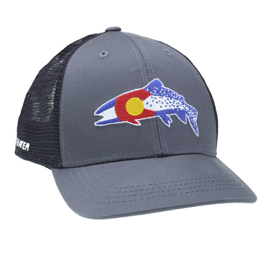 A hat with black mesh and a gray front with embroidery in the shape of a trout in the colors and pattern of the colorado flag