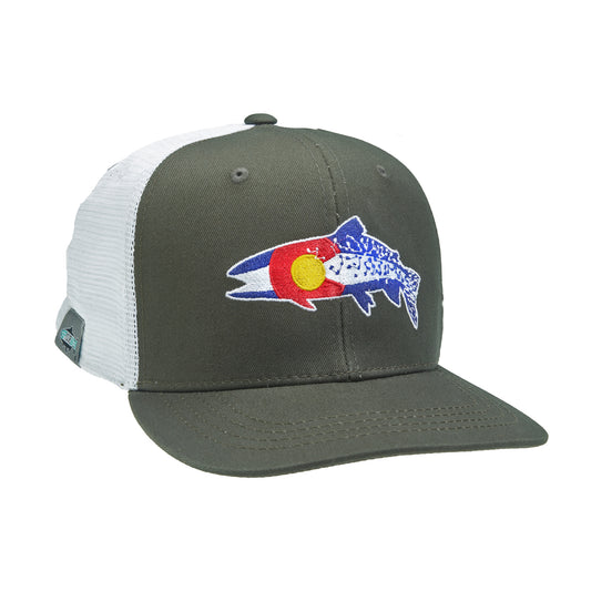 A hat with white mesh and green fabric in front has embroidery in the shape of a trout and the pattern and colors of the colorado flag